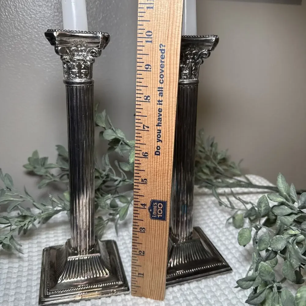 Pair 10” Vintage E.B. Rogers Silverplate Corinthian Column Candlesticks Heavy